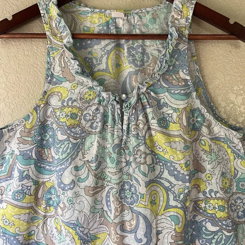 Vtg Y2K Old Navy Sleeveless Floral Paisley Top Blue Linen Cotton Medium Fairy